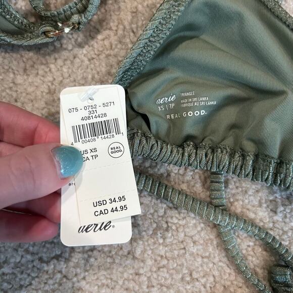 NWT Aerie Shine Rib String Triangle Bikini Top Olive Fun Swimsuit Beach - Picture 5 of 5
